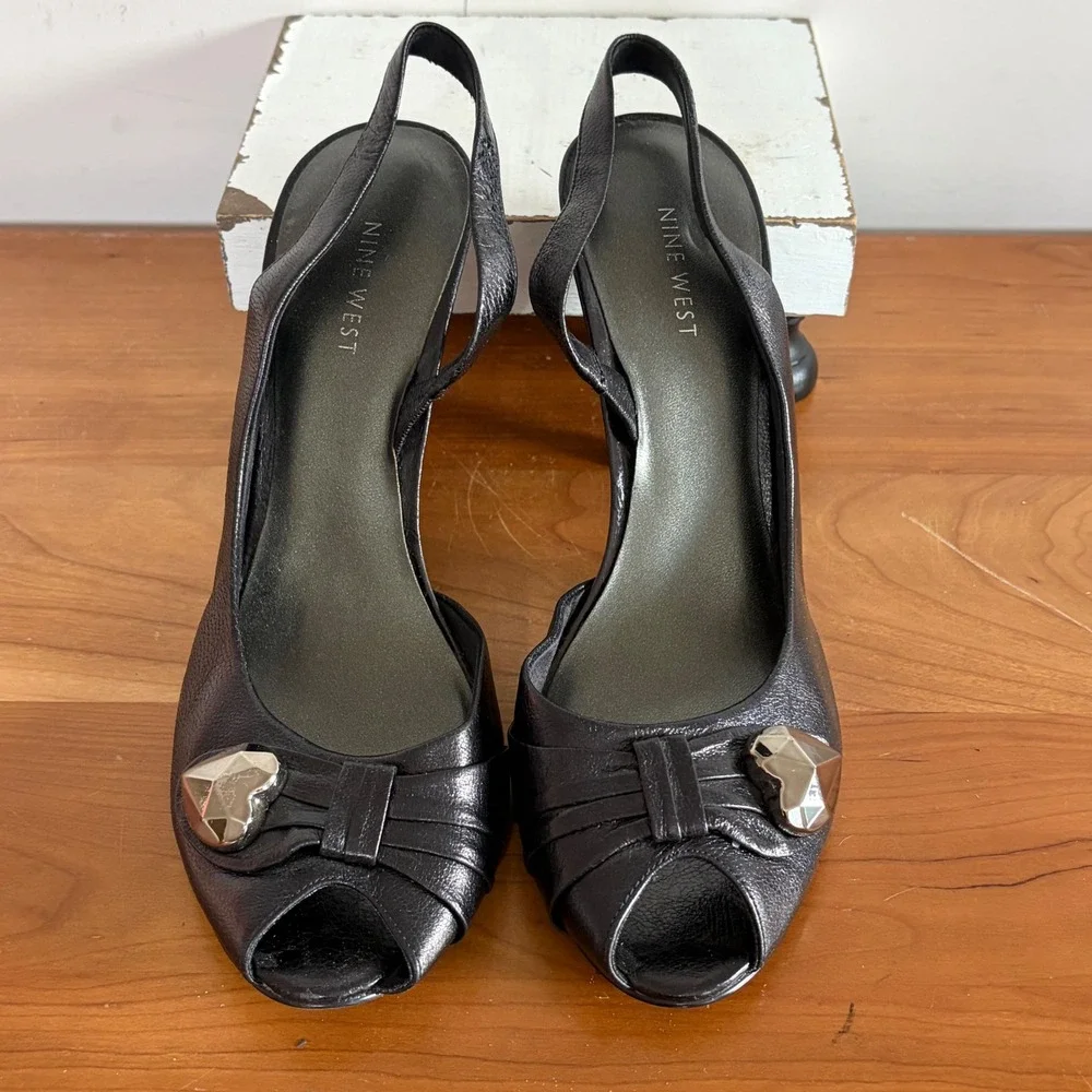 Nine West Black Leather Slingback Peep Toe Heels Silver Hardware Stiletto 10M